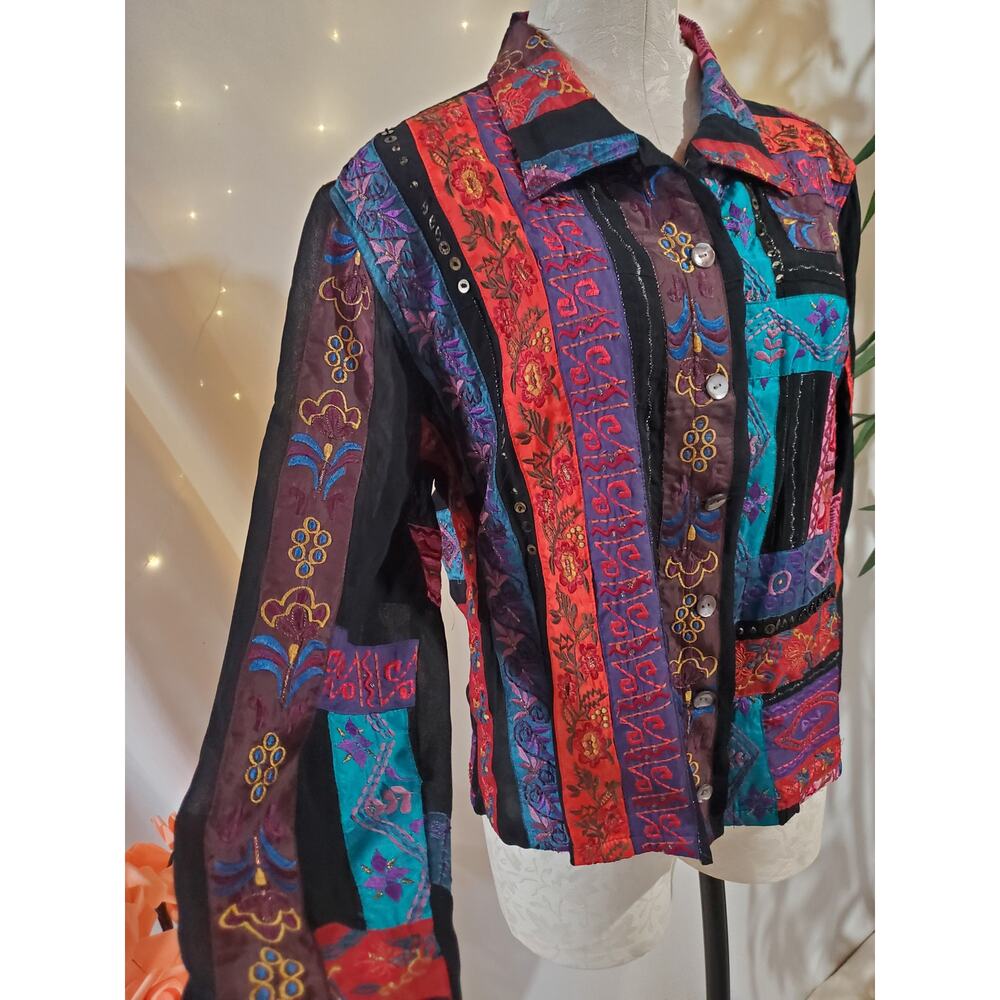 Chicos VTG Patchwork Embroidered Boho Art to Wear Jacket Womens 2 US L Rare - Picture 2 of 10